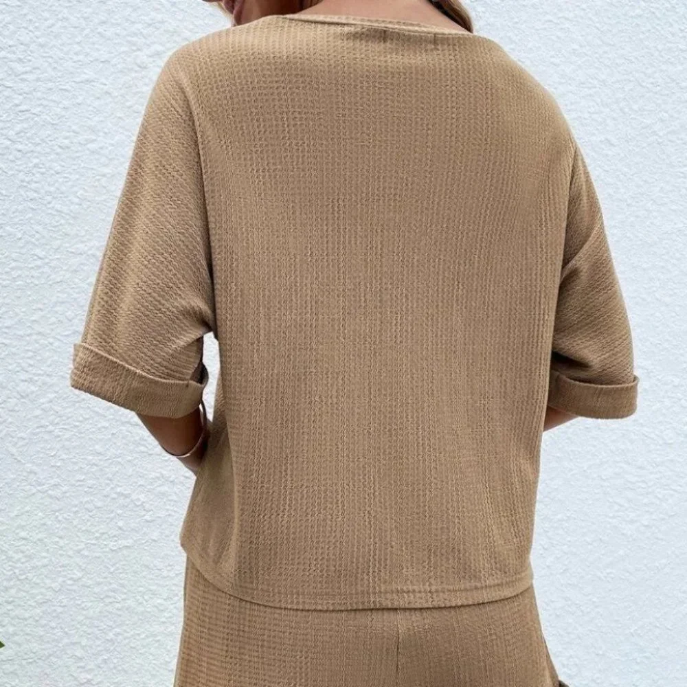Khaki Casual comfy Batwing Sleeve Tee & Knot Front Shorts - Picture 5 of 8